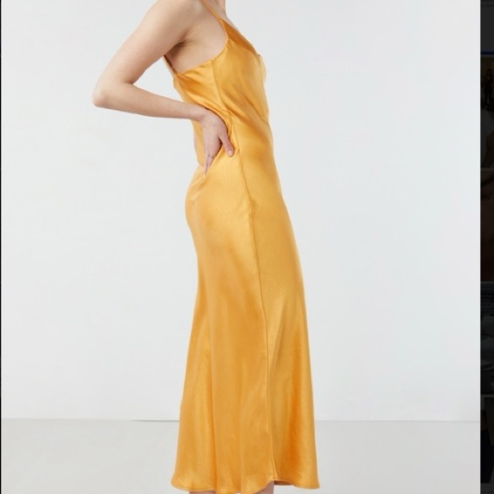 OAK + FORT Satin Slip Midi Dress in Mustard Yellow